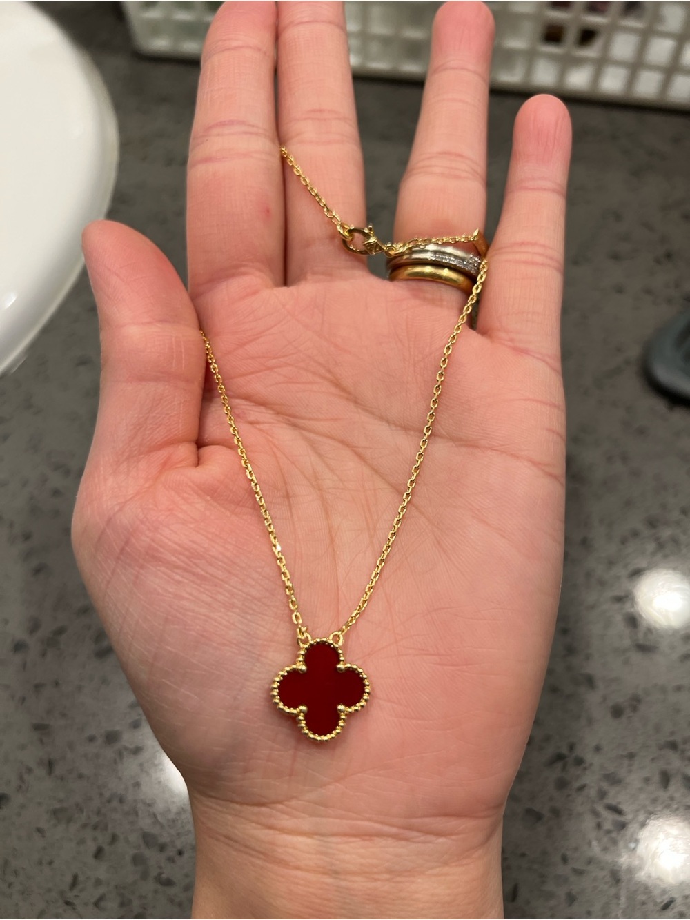 Gold Chain Necklace with Red Clover Pendant - Women Jewelry (New)